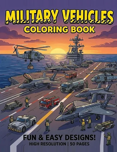 Cover of Military Vehicles Coloring Book, by The New Ark Studio. Kids & adults.