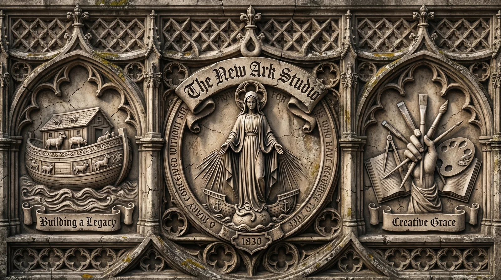 The New Ark Studio seal carved in stone relief, flanked by an ark on the left and an artist's brushes and palette on the right, with the mottos Building a Legacy and Creative Grace.